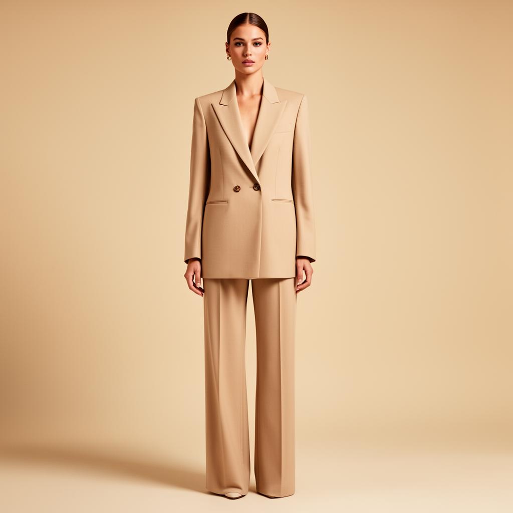 INEZA Boutique campaign featuring a tailored neutral set in an editorial studio setting.