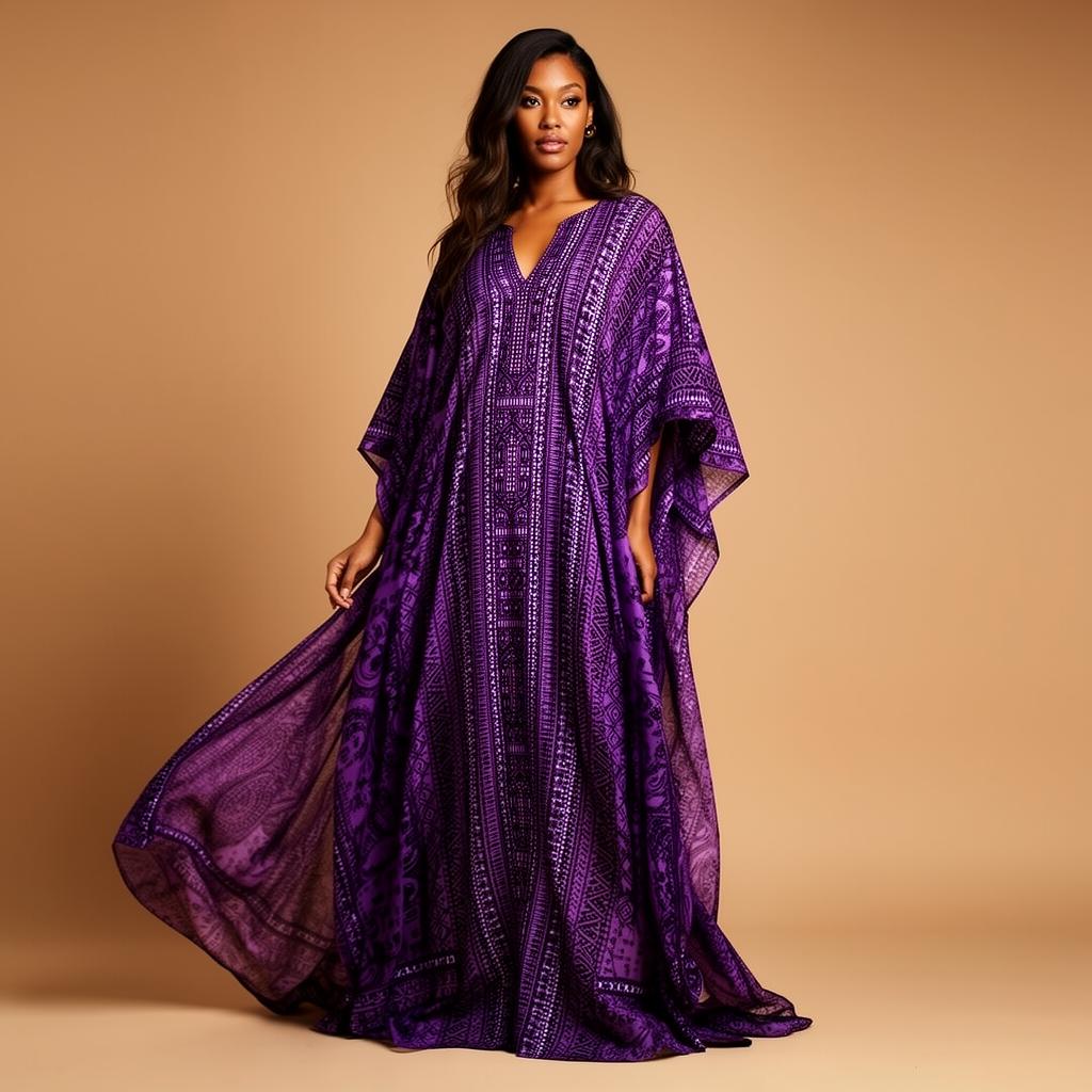Purple patterned kaftan dress, editorial boutique campaign.